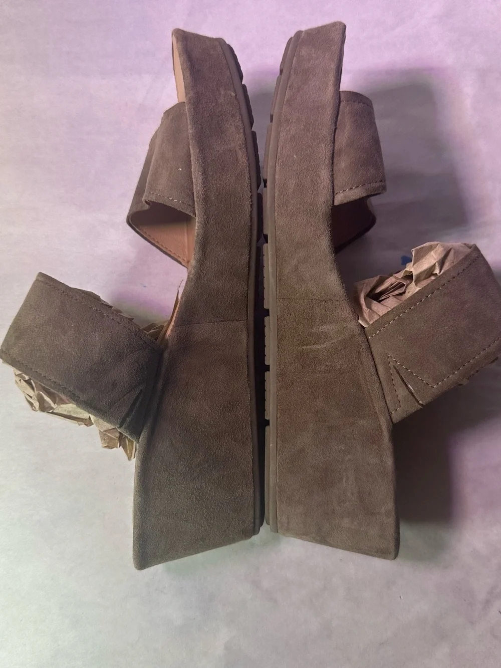 Two-Strap Suede Wedge Sandal - Cognac Brown